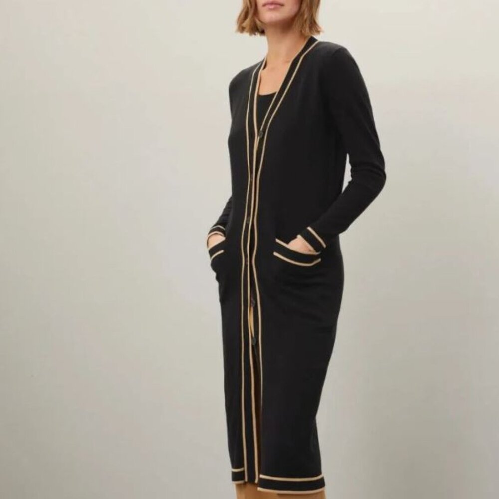 Lauren Ralph Lauren LARGE Long Duster Cardigan Cotton Designer Black Tan Stripe - Picture 3 of 10
